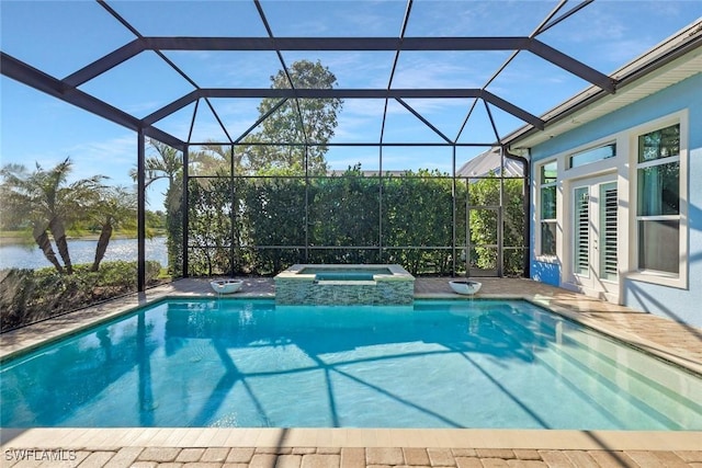 14792 Spinnaker Way, Naples, FL 34114 - view of pool with french doors, a water view, a pool with connected hot tub, and a lanai