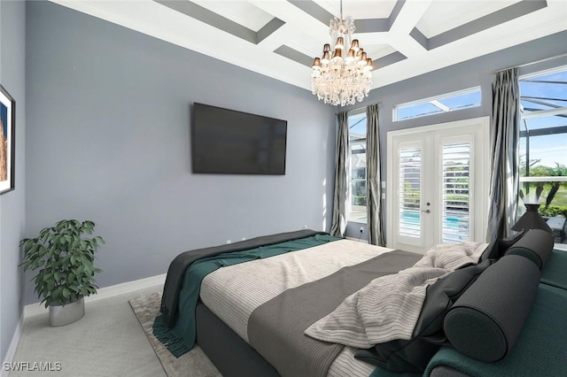14792 Spinnaker Way, Naples, FL 34114 - carpeted bedroom with coffered ceiling, a chandelier, access to exterior, and beamed ceiling