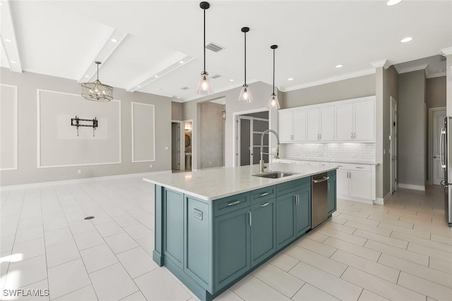 14792 Spinnaker Way, Naples, FL 34114 - kitchen with appliances with stainless steel finishes, white cabinetry, backsplash, a chandelier, and decorative light fixtures