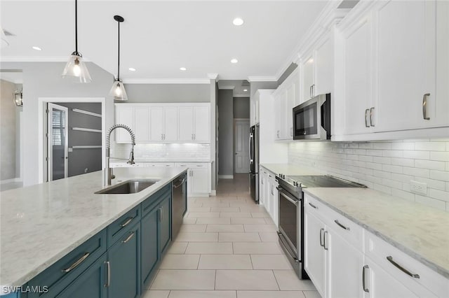14792 Spinnaker Way, Naples, FL 34114 - kitchen featuring stainless steel appliances, white cabinets, decorative backsplash, light tile patterned floors, and decorative light fixtures