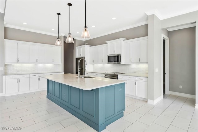 14792 Spinnaker Way, Naples, FL 34114 - kitchen featuring appliances with stainless steel finishes, backsplash, a spacious island, light countertops, and white cabinets