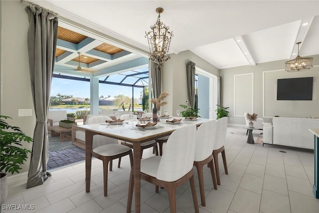 14792 Spinnaker Way, Naples, FL 34114 - dining room featuring a chandelier, beamed ceiling, plenty of natural light, light tile patterned floors, and coffered ceiling