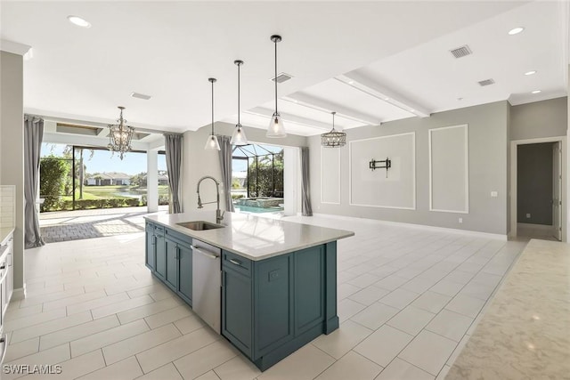 14792 Spinnaker Way, Naples, FL 34114 - kitchen with stainless steel dishwasher, a chandelier, light countertops, open floor plan, and beam ceiling