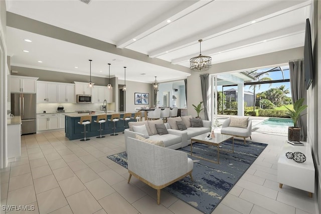 14792 Spinnaker Way, Naples, FL 34114 - living room featuring light tile patterned flooring, recessed lighting, a chandelier, and beamed ceiling