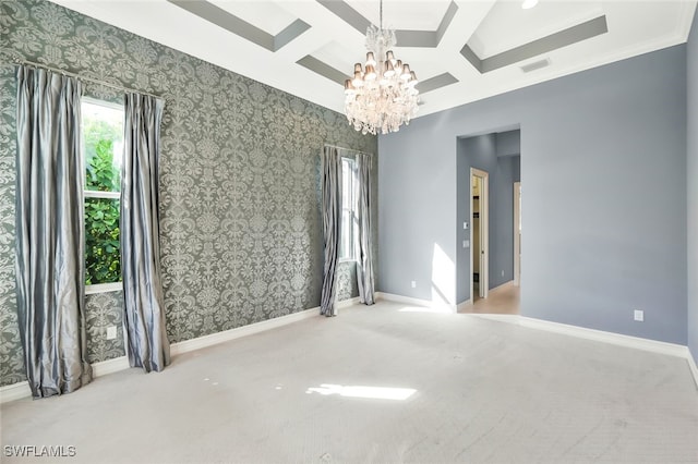 14792 Spinnaker Way, Naples, FL 34114 - carpeted spare room featuring a chandelier, coffered ceiling, beamed ceiling, and wallpapered walls