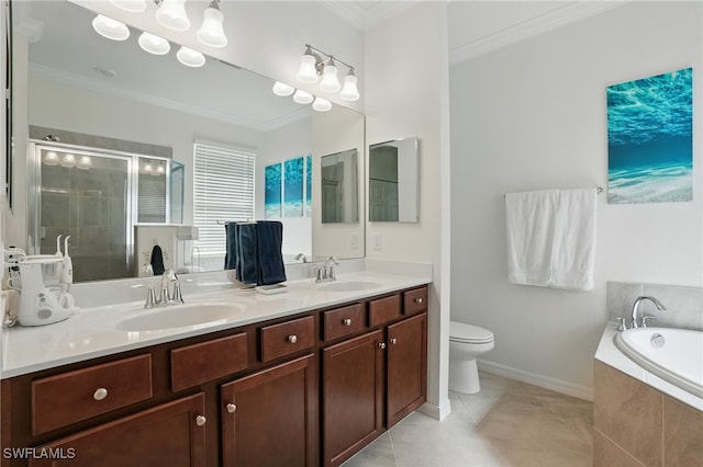 1886 Alameda Dr, Naples, FL 34120 - full bath featuring ornamental molding, double vanity, a bath, a shower stall, and tile patterned floors