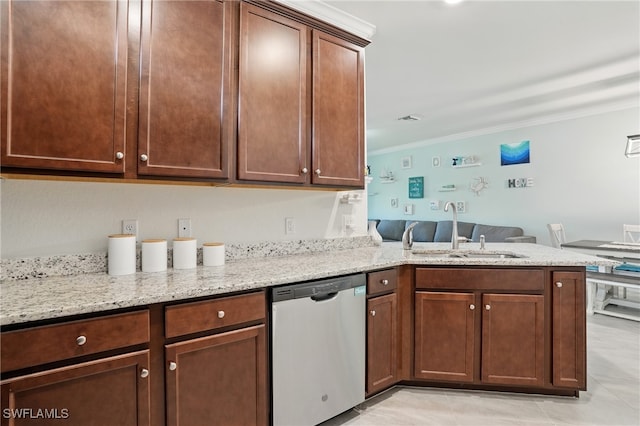 1886 Alameda Dr, Naples, FL 34120 - kitchen with dishwasher, crown molding, a peninsula, and light stone counters