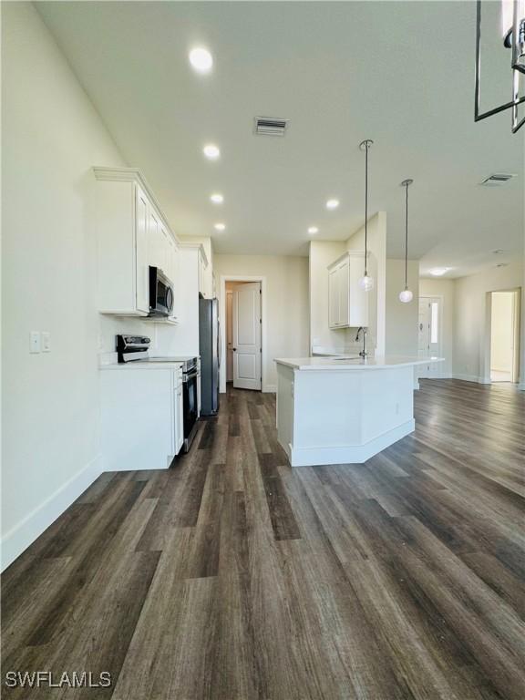 1062 Jay Ct, Labelle, FL 33935 - kitchen with stainless steel appliances, open floor plan, baseboards, dark wood finished floors, and a sink