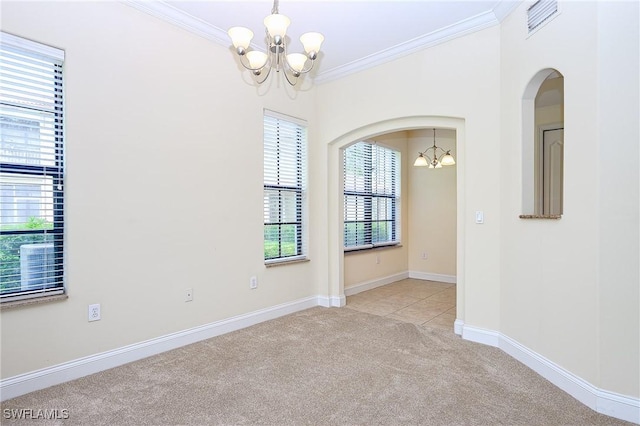 1314 Corso Palermo Ct Unit 1802, Naples, FL 34105 - unfurnished room featuring a chandelier, light carpet, crown molding, arched walkways, and baseboards