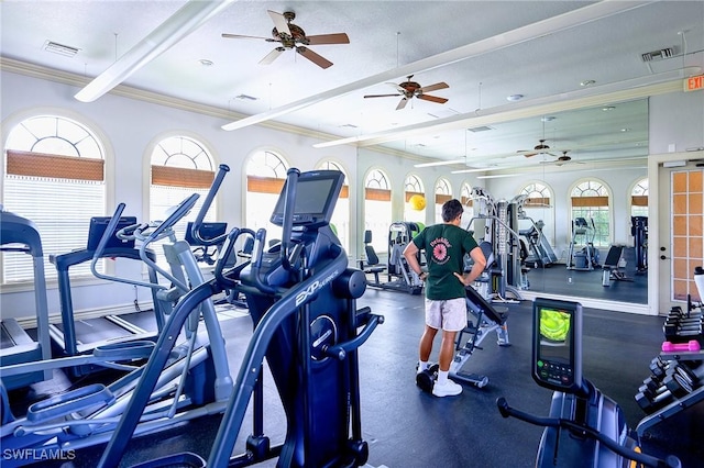 1314 Corso Palermo Ct Unit 1802, Naples, FL 34105 - gym with a ceiling fan, crown molding, and beam ceiling