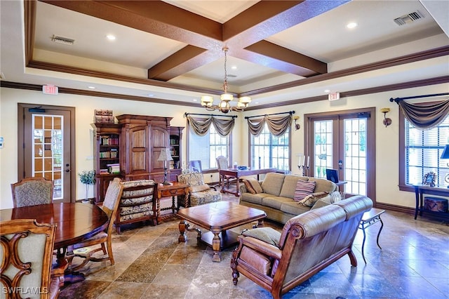 1314 Corso Palermo Ct Unit 1802, Naples, FL 34105 - living area featuring french doors, a chandelier, crown molding, baseboards, and beamed ceiling