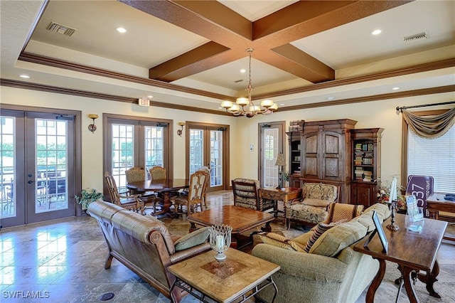 1314 Corso Palermo Ct Unit 1802, Naples, FL 34105 - living room with french doors, beamed ceiling, crown molding, a chandelier, and recessed lighting