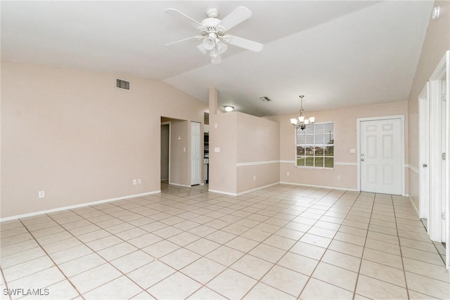 302 NE 10th Ter, Cape Coral, FL 33909 - unfurnished room featuring a chandelier, a ceiling fan, vaulted ceiling, and light tile patterned floors