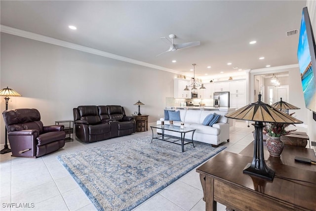 4330 Aurora St, Naples, FL 34119 - living room featuring light tile patterned flooring, ornamental molding, recessed lighting, ceiling fan, and baseboards