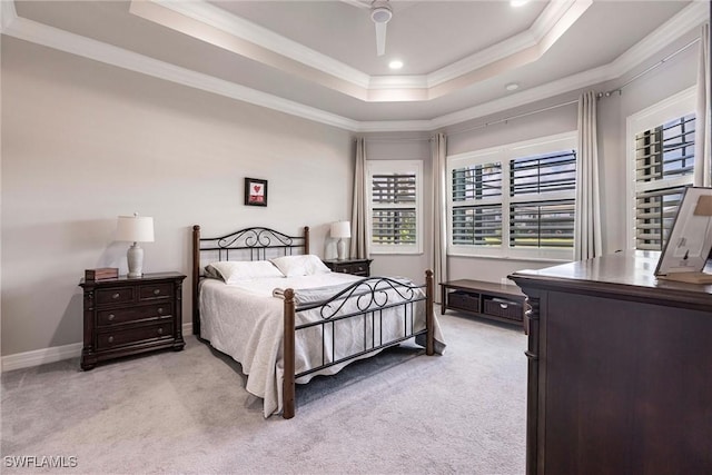 4330 Aurora St, Naples, FL 34119 - bedroom with a raised ceiling, ornamental molding, light carpet, recessed lighting, and baseboards