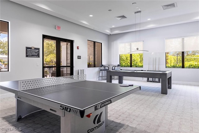 4330 Aurora St, Naples, FL 34119 - game room with french doors, baseboards, billiards, carpet floors, and recessed lighting