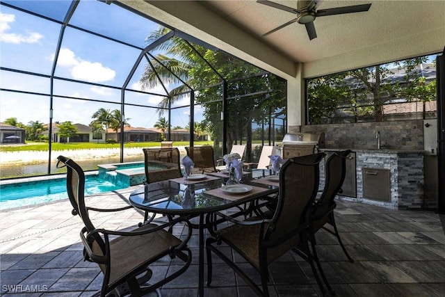 4330 Aurora St, Naples, FL 34119 - view of patio with ceiling fan, a lanai, a sink, a pool with connected hot tub, and outdoor dining area