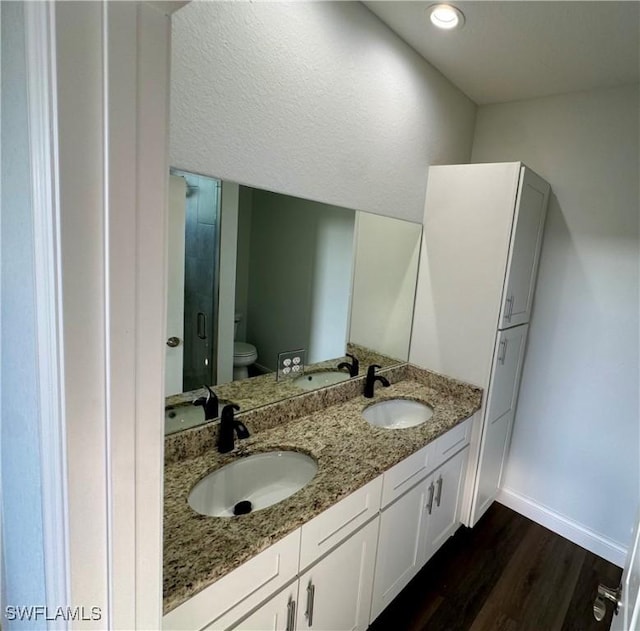 538 David Cir, Labelle, FL 33935 - full bath with wood finished floors, toilet, double vanity, baseboards, and a shower with door