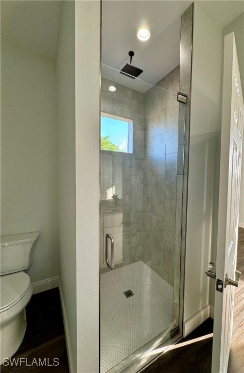 538 David Cir, Labelle, FL 33935 - full bath with a stall shower, toilet, baseboards, wood finished floors, and recessed lighting