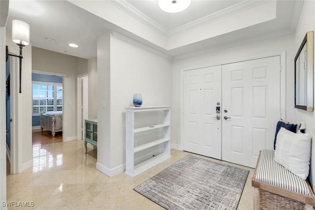 401 Bayfront Pl Unit 3301, Naples, FL 34102 - entrance foyer with baseboards, ornamental molding, recessed lighting, and a barn door