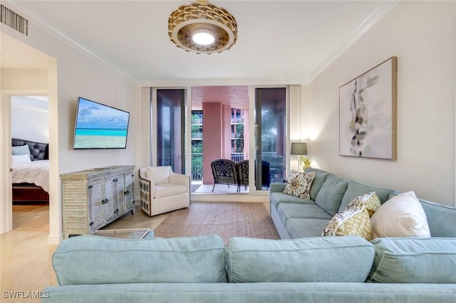 401 Bayfront Pl Unit 3301, Naples, FL 34102 - living room with expansive windows, ornamental molding, and light wood-style floors