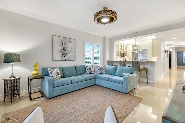 401 Bayfront Pl Unit 3301, Naples, FL 34102 - living area with crown molding, baseboards, light marble finish flooring, and a chandelier