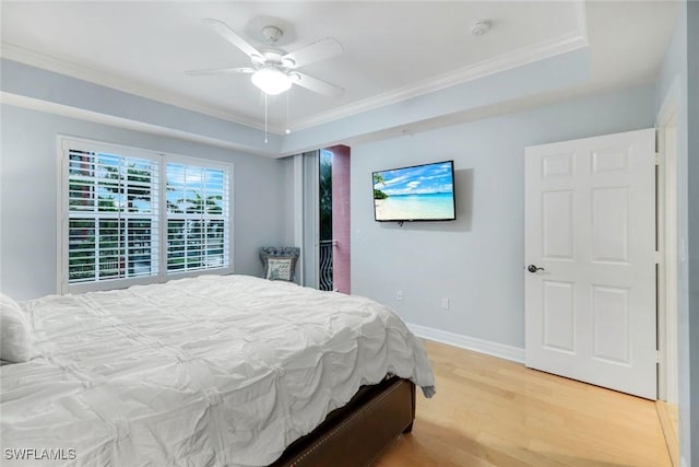 401 Bayfront Pl Unit 3301, Naples, FL 34102 - bedroom featuring light wood-style flooring, ornamental molding, baseboards, and ceiling fan