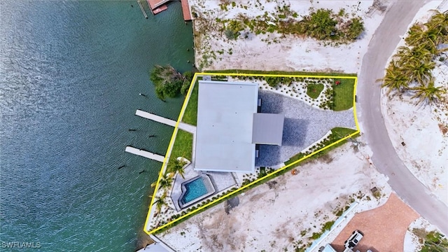 855 Lagoon St Unit 3, Fort Myers Beach, FL 33931 - aerial view of property and surrounding area featuring property boundaries highlighted, a nearby body of water, and a pool