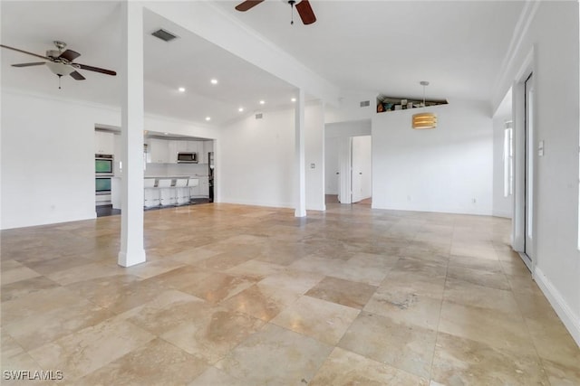 2940 14th Ave SE, Naples, FL 34117 - unfurnished living room featuring a ceiling fan, lofted ceiling, crown molding, and recessed lighting