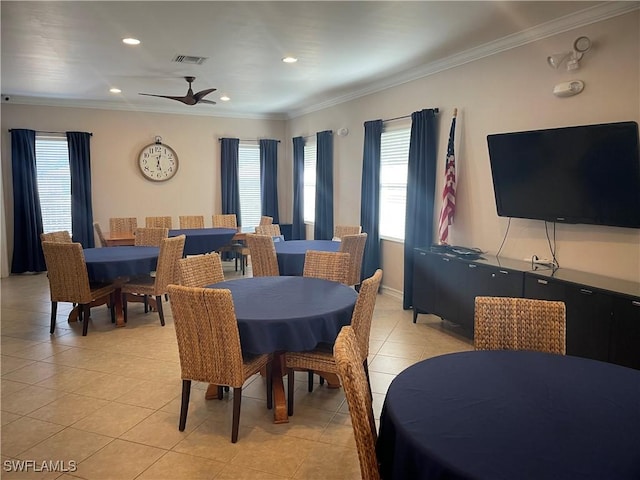 8088 Sanctuary Dr Unit 1, Naples, FL 34104 - dining space with light tile patterned flooring, crown molding, ceiling fan, and recessed lighting