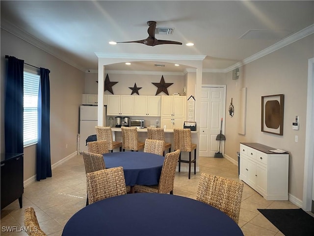 8088 Sanctuary Dr Unit 1, Naples, FL 34104 - dining area with light tile patterned flooring, crown molding, baseboards, a ceiling fan, and recessed lighting