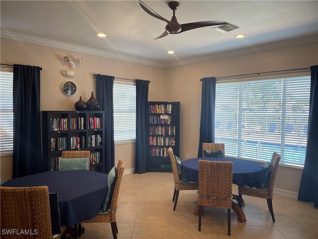8088 Sanctuary Dr Unit 1, Naples, FL 34104 - dining area featuring ceiling fan, light tile patterned floors, ornamental molding, baseboards, and recessed lighting