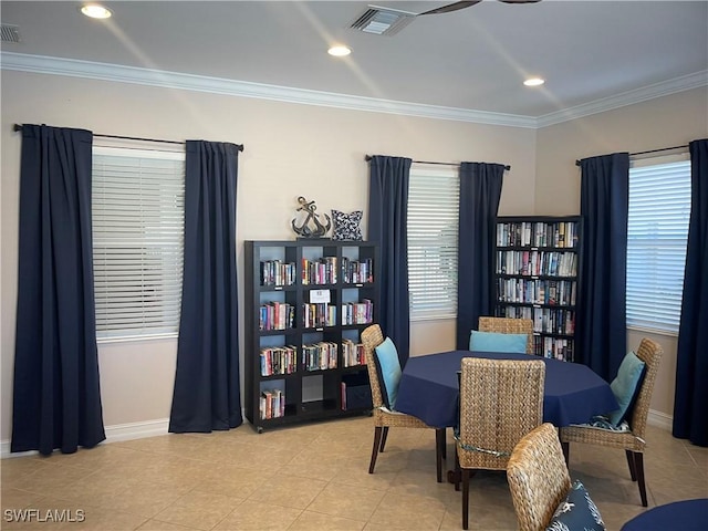 8088 Sanctuary Dr Unit 1, Naples, FL 34104 - dining area featuring crown molding, baseboards, a ceiling fan, light tile patterned floors, and recessed lighting