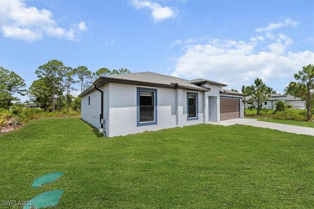 1032 Maxwell Ave S, Lehigh Acres, FL 33974 - view of front of home featuring driveway, an attached garage, stucco siding, and a front yard