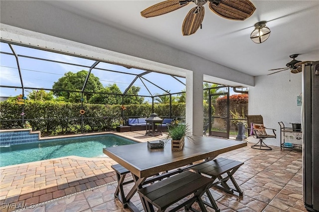 907 SE 19th Ter, Cape Coral, FL 33990 - view of pool with a ceiling fan, a patio, glass enclosure, and outdoor dining area