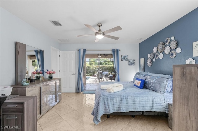 907 SE 19th Ter, Cape Coral, FL 33990 - bedroom with access to outside, light tile patterned floors, and ceiling fan