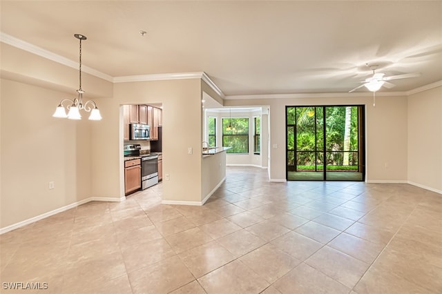 13751 Julias Way Unit 414, Fort Myers, FL 33919 - spare room featuring light tile patterned floors, a chandelier, ornamental molding, baseboards, and a ceiling fan