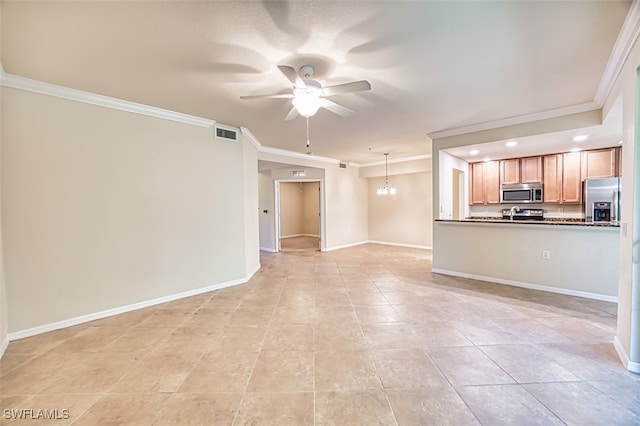 13751 Julias Way Unit 414, Fort Myers, FL 33919 - unfurnished living room featuring ornamental molding, a ceiling fan, light tile patterned floors, and baseboards