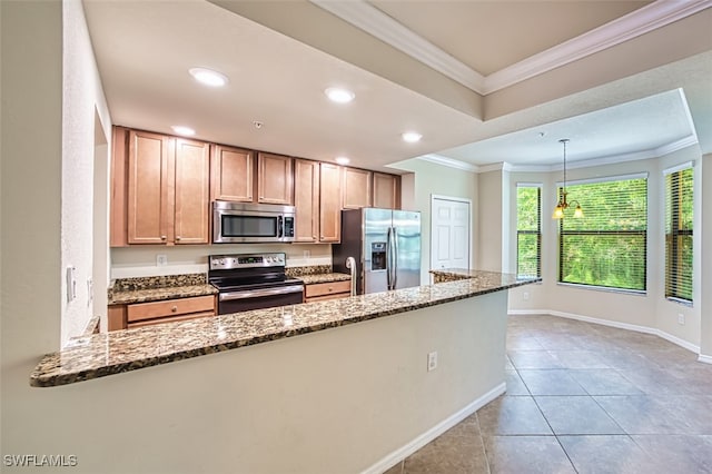 13751 Julias Way Unit 414, Fort Myers, FL 33919 - kitchen featuring appliances with stainless steel finishes, ornamental molding, dark stone countertops, a peninsula, and baseboards