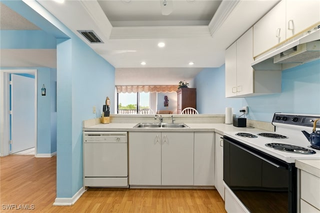 3460 N Key Dr Unit 409, North Fort Myers, FL 33903 - kitchen featuring white dishwasher, electric range oven, a sink, under cabinet range hood, and light wood finished floors