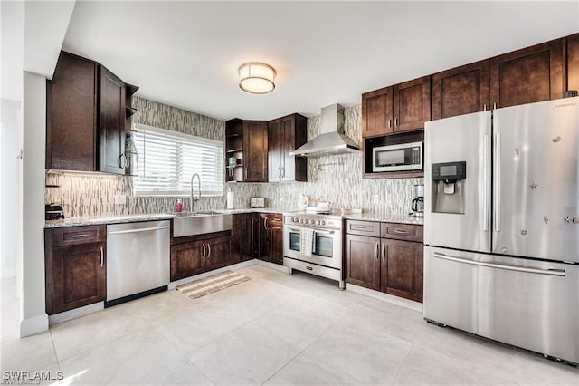 785 Rabbit Rd, Sanibel, FL 33957 - kitchen featuring appliances with stainless steel finishes, wall chimney exhaust hood, open shelves, a sink, and dark brown cabinetry