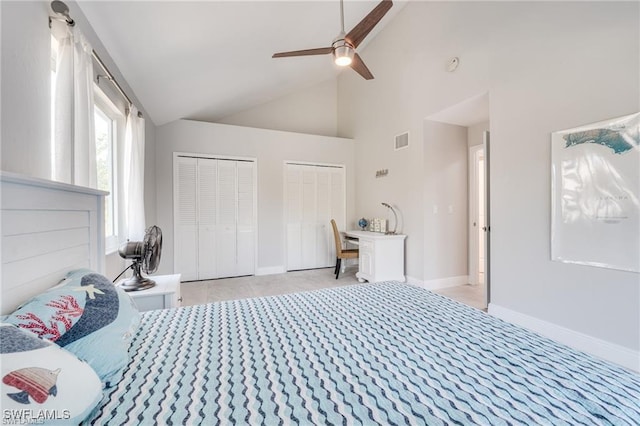 785 Rabbit Rd, Sanibel, FL 33957 - bedroom featuring two closets, high vaulted ceiling, baseboards, and ceiling fan