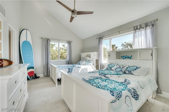 785 Rabbit Rd, Sanibel, FL 33957 - bedroom with multiple windows, baseboards, a ceiling fan, and high vaulted ceiling