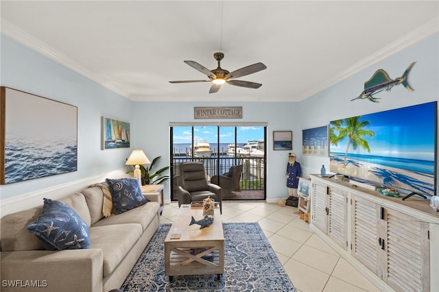1920 Virginia Ave Unit 102, Fort Myers, FL 33901 - living room featuring crown molding, light tile patterned floors, and ceiling fan