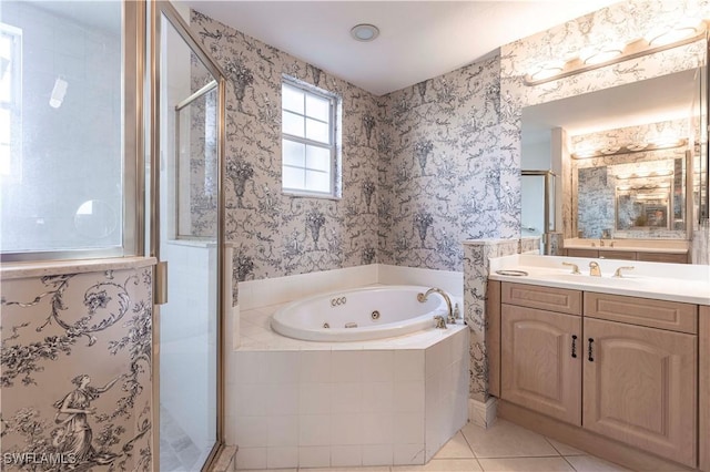 793 Regency Reserve Cir Unit 4501, Naples, FL 34119 - full bathroom with a shower stall, vanity, a jetted tub, tile patterned flooring, and wallpapered walls