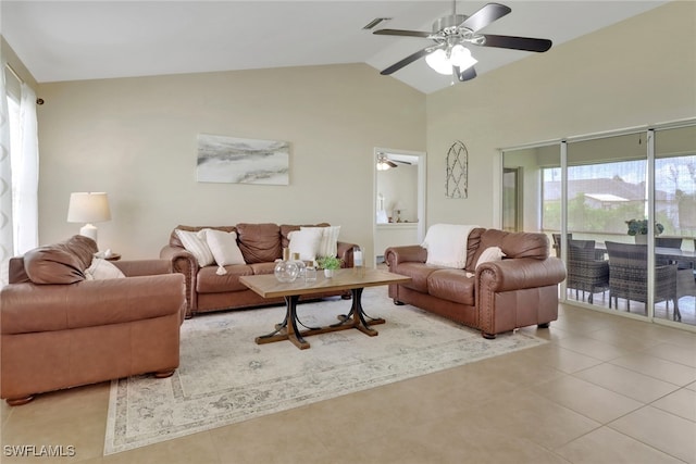 2223 SW 16th Ter, Cape Coral, FL 33991 - living room with ceiling fan, light tile patterned floors, and high vaulted ceiling