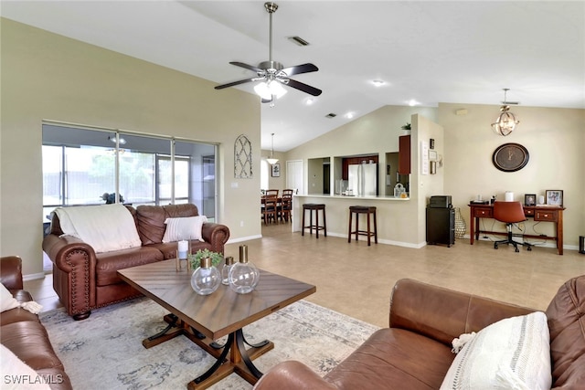 2223 SW 16th Ter, Cape Coral, FL 33991 - living room featuring ceiling fan, baseboards, and high vaulted ceiling