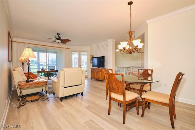 9110 Bayberry Bnd Unit 102, Fort Myers, FL 33908 - dining area with light wood-type flooring, ornamental molding, a ceiling fan, a chandelier, and baseboards