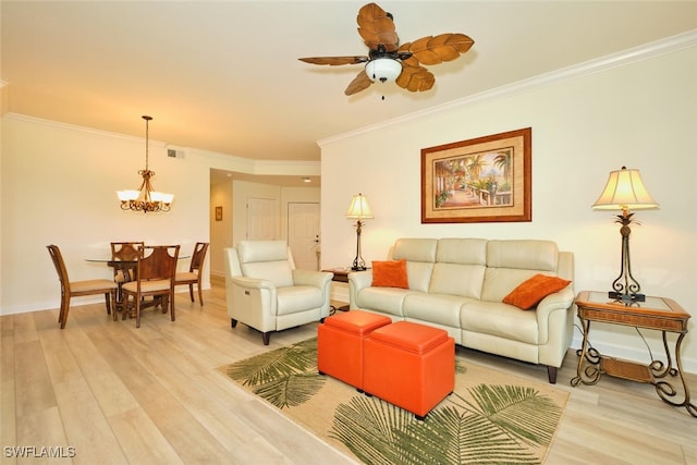 9110 Bayberry Bnd Unit 102, Fort Myers, FL 33908 - living room featuring ornamental molding, light wood-style flooring, a chandelier, ceiling fan, and baseboards
