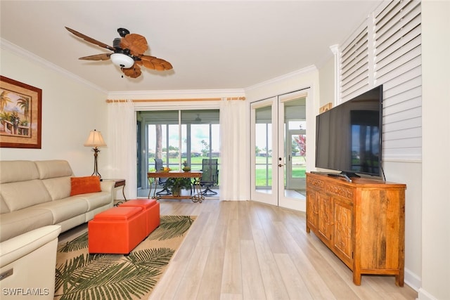 9110 Bayberry Bnd Unit 102, Fort Myers, FL 33908 - living room featuring french doors, crown molding, light wood finished floors, and a ceiling fan